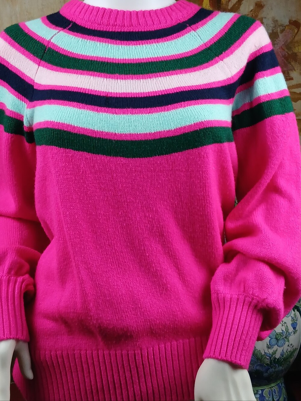 crown & ivy Hot Pink Striped Crewneck Sweater